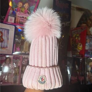 Moncler light pink wool beanie with fur pompom